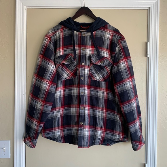Legendary Outfitters Plaid Shacket Jacket Sz.M Hooded Snap Buttons - Picture 1 of 11